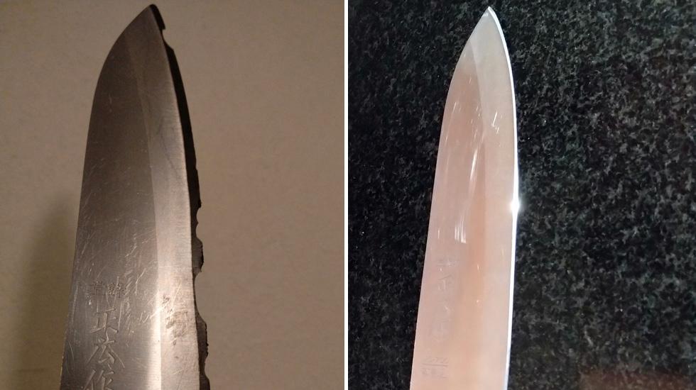 Selv de mest opphakkede kniver kan fikses, sier Sivagnanam, og viser til denne kniven han reddet.