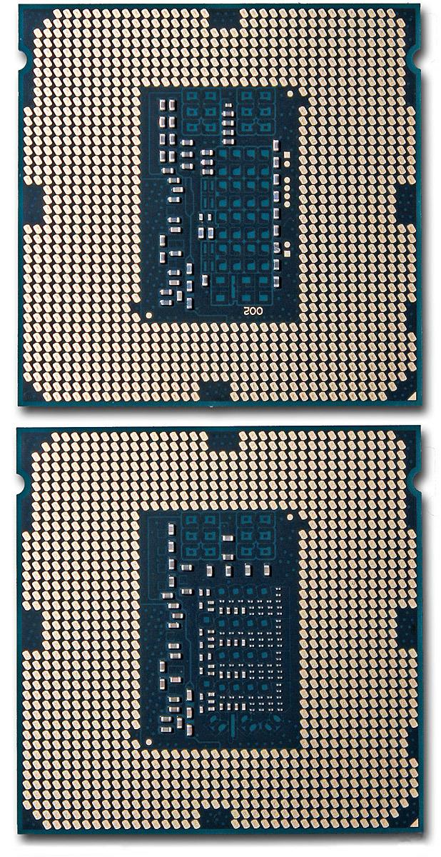 Intel har lagt til flere kondensatorer på undersiden av prosessoren for å gi jevnere strømforsyning. Intel Core i7 4770K over, Intel Core i7 4790K under.