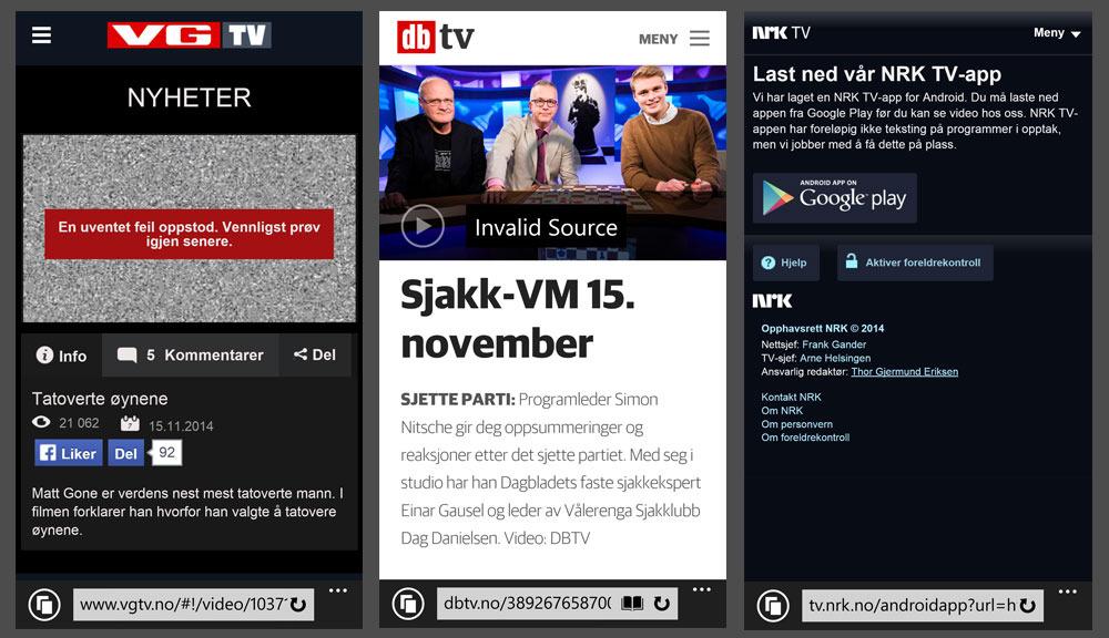KRESEN VIDEOSPILLER: Internet Explorer 11 på telefonen min nekter å spille av video både fra VG, Dagbladet og NRK. Løsningen ble å laste ned egne apper.Foto: Øystein W. Høie