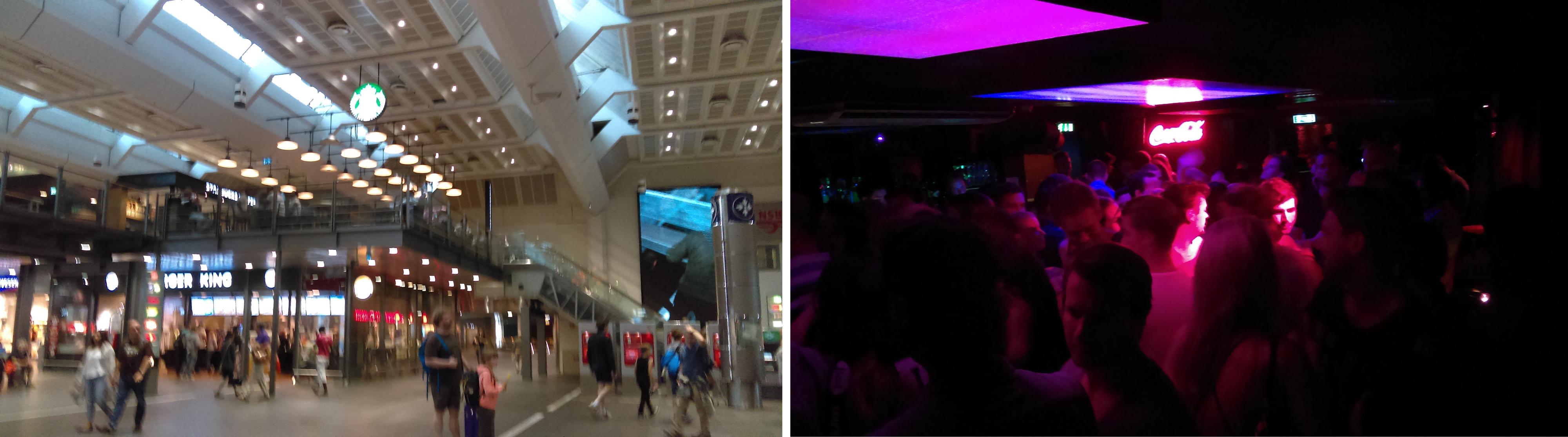 Å ta bilder i dunklere lysforhold er ingen god idé – hverken på Oslo S (venstre) eller nattklubber som Horgans (høyre).