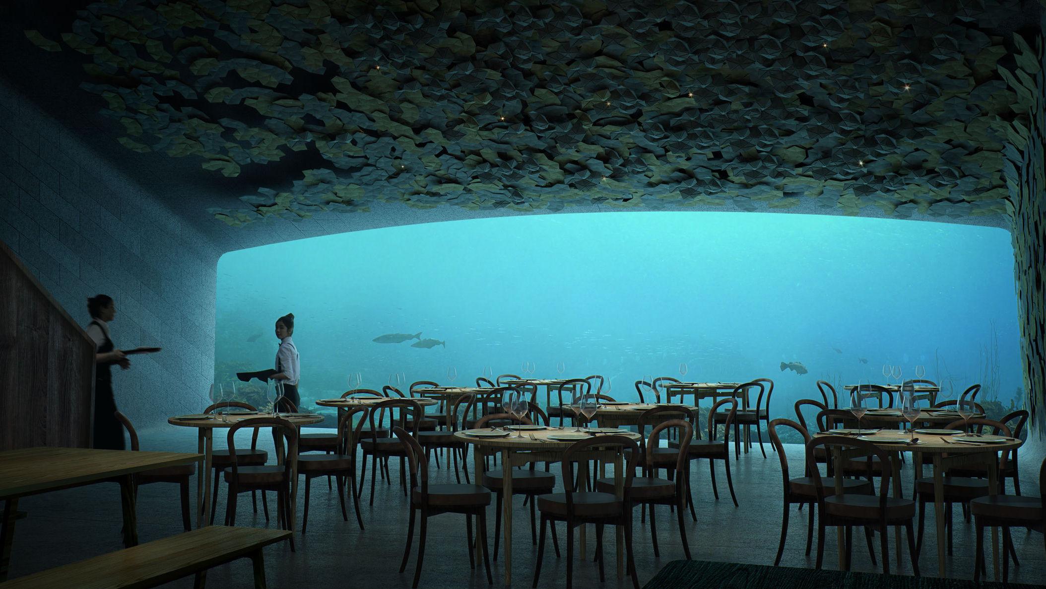 FISKEMAT: Gjestene vil sitte på 5,5 meters dyp i restaurant Under, som blir Europas første restaurant under vann. Foto: MIR og Snøhetta