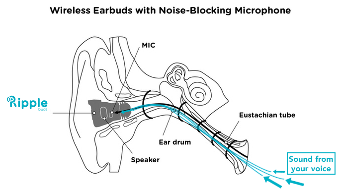 Mikrofonen vil befinne seg inni selve øret og fange opp lydbølger fra stemmen gjennom øregangen.