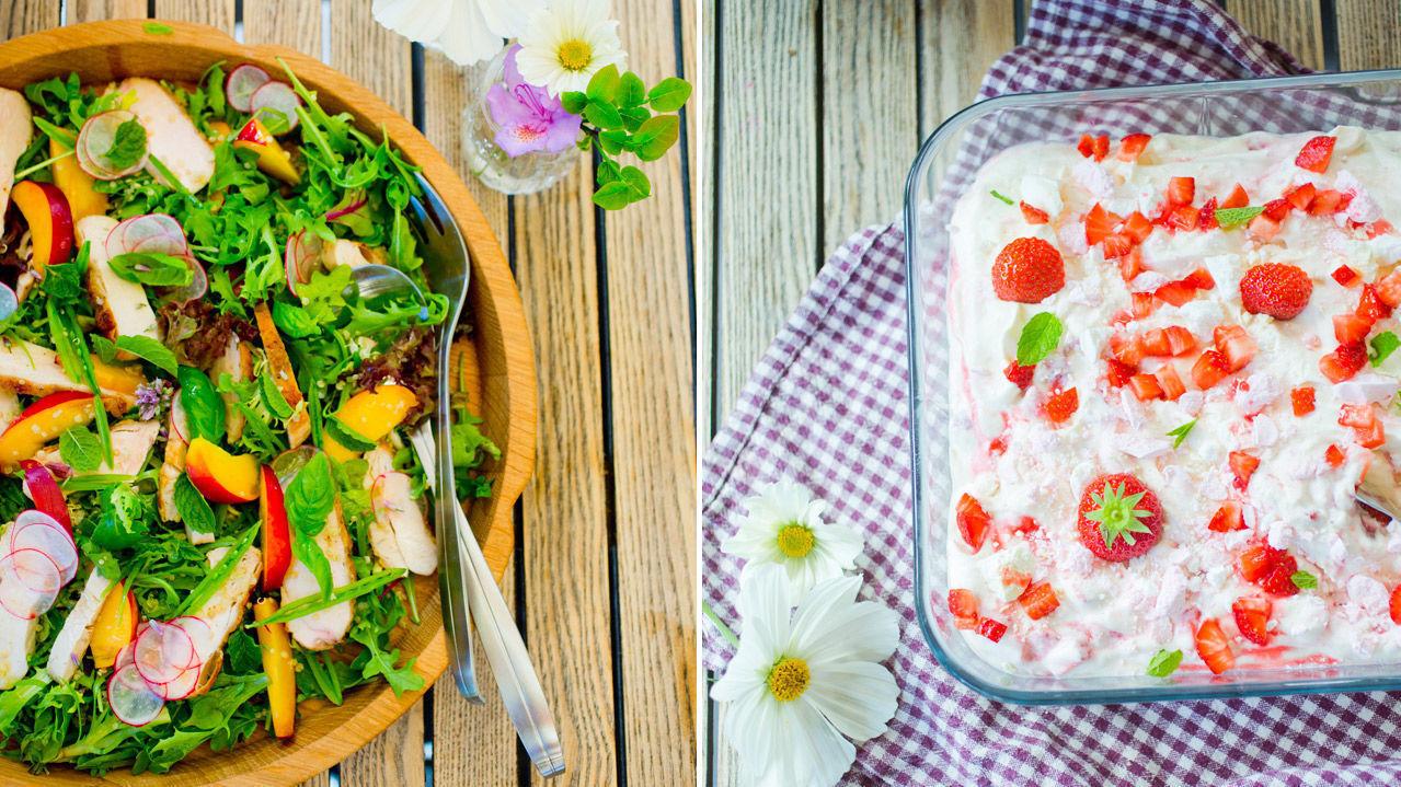 ENKEL FESTMAT: Pai og kyllingsalat er enkle retter å lage til flere når du inviterer til sommerfest. Foto: Sara Johannessen/VG
