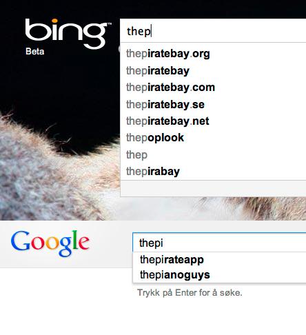 Bing har ikke lagt inn noen form for sperre når du søker på The Pirate Bay.Foto: Bing/Google