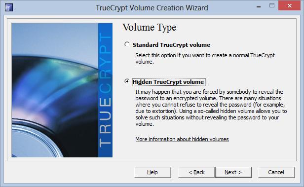 Når vi skal sette opp TrueCrypt-volumet, velger vi i dag å gjøre dette skjult.