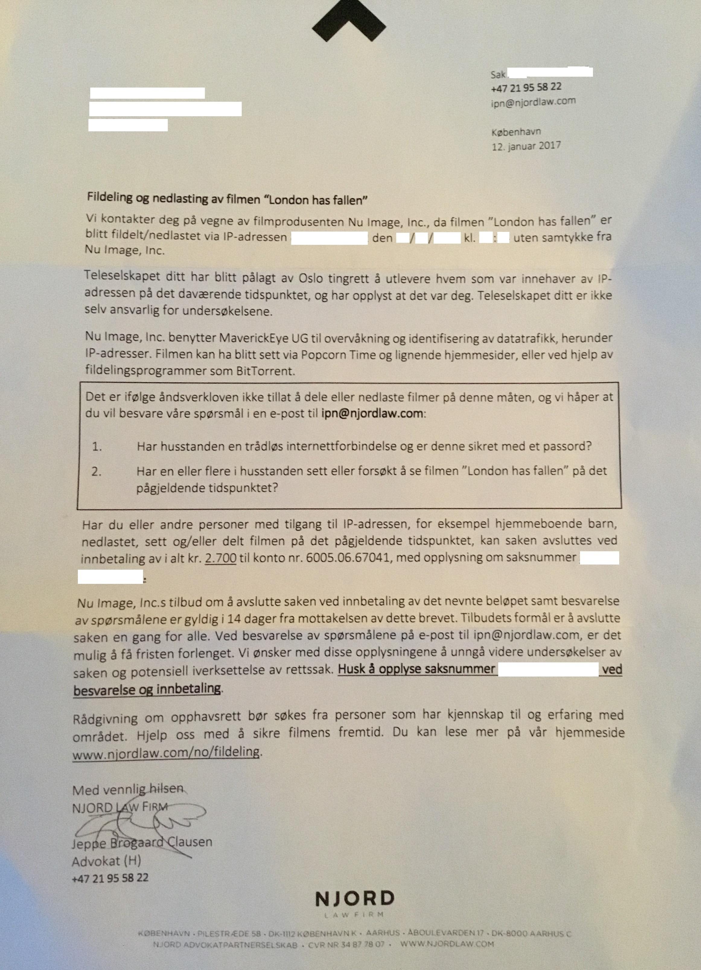 Bilde av brevet som Njord Law Firm tidligere har sendt ut til norske brukere.