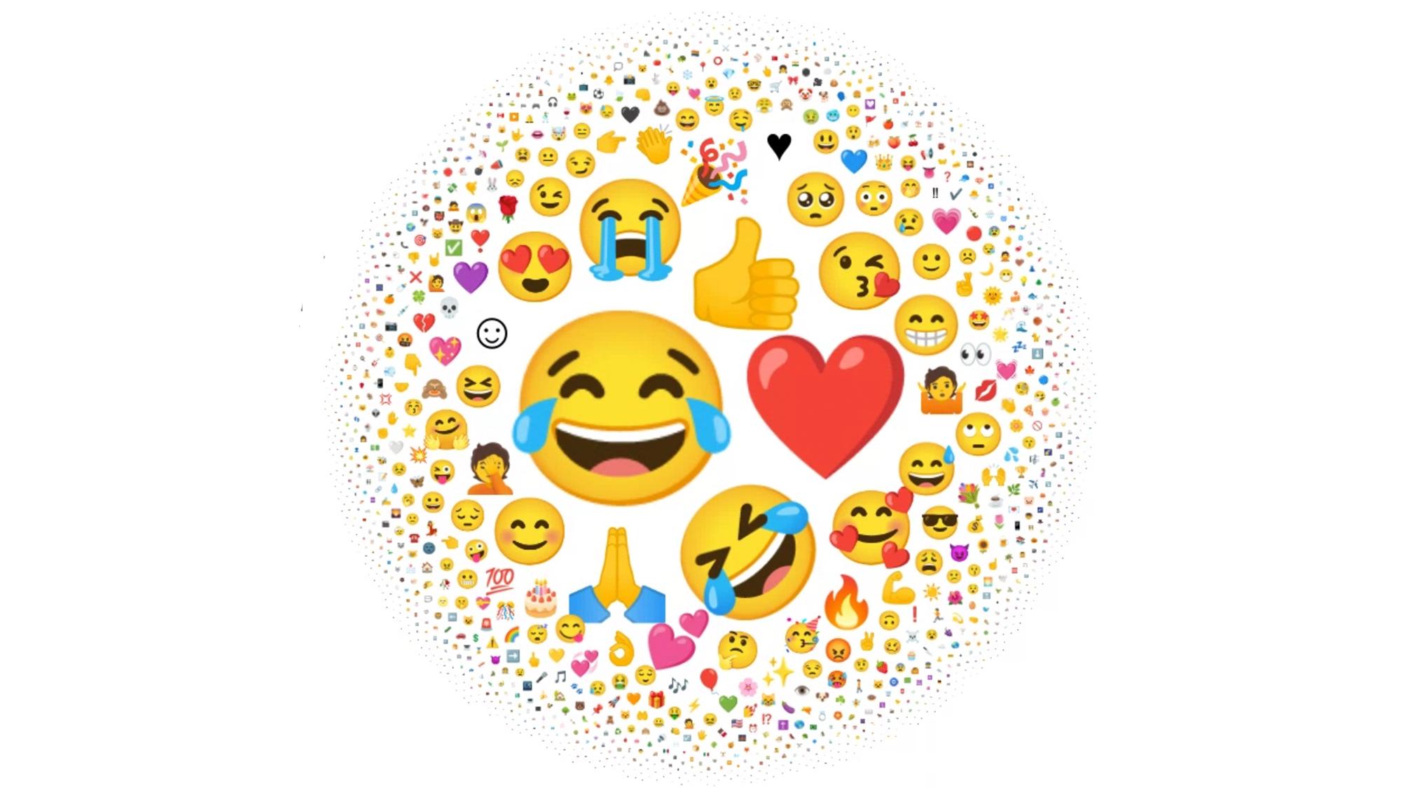 «Tears of Joy»-emojien var den mest brukte i verden i 2021, ifølge organisasjonen bak de «offisielle» emojiene, Unicode Consortium. I grafikken tilsvarer emojienes størrelse den relative bruken. 