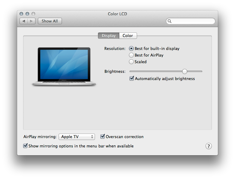 Når Airplay er aktivert kan du velge om oppløsningen skal matche Apple TV-en eller Macen.