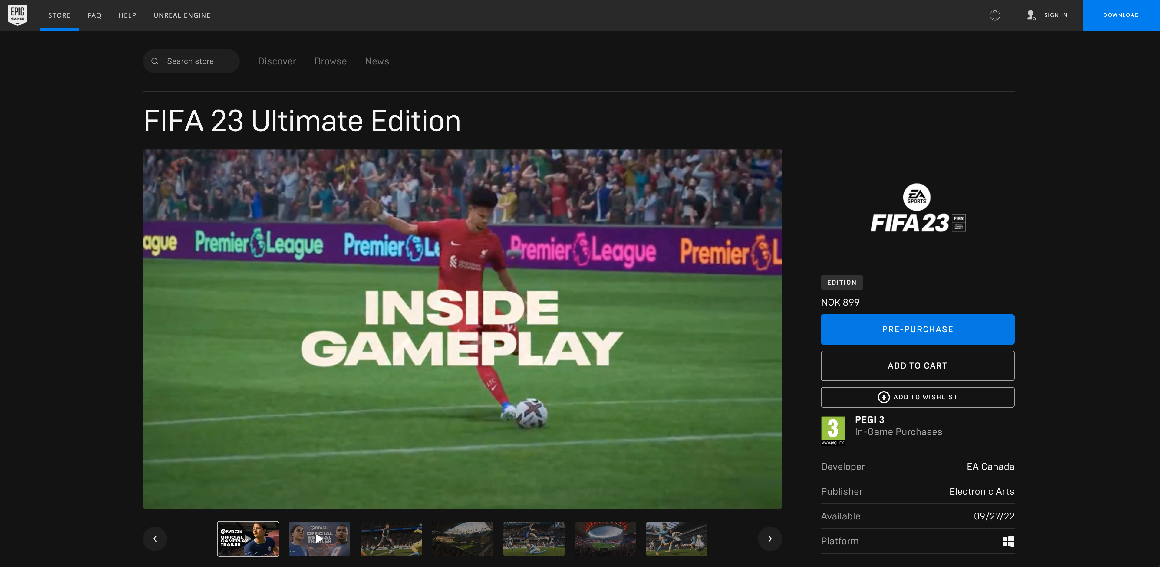 NORSKE PRISER: Slik ser det ut hvis du vil kjøpe «FIFA 23 Ultimate Edtion» på Epic Games Store nå i Norge. For uker sider kunne du få det på drøye 99 % avslag.