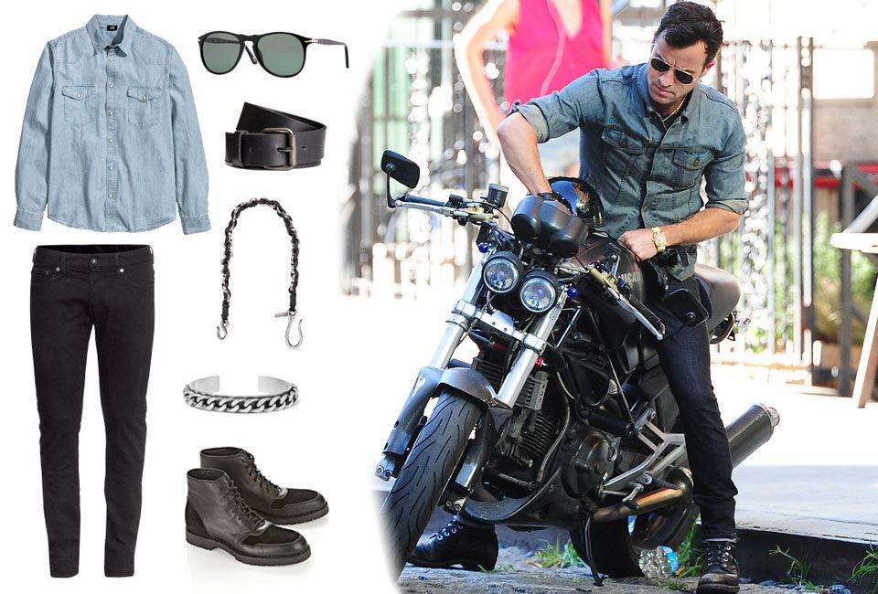 MOTORSYKKELFRELST: Justin Theroux eier flere motorsykler og kler seg deretter. Du trenger imidlertid ikke eie noen lynrask Ducati for å stjele amerikanerens rocka stil. Foto: Getty Images/Produsentene