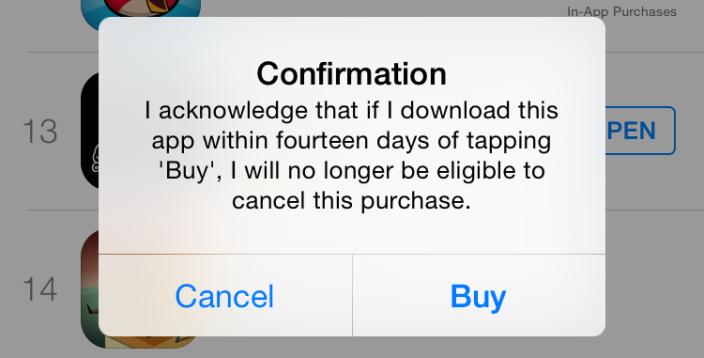 Hvis Apple mener du misbruker systemet, får du opp denne beskjeden neste gang du prøver å kjøpe en app. Trykker du OK, frasier du deg retten til å refundere kjøpet. Foto: 9to5mac