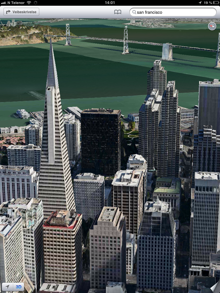 3D-kart fra Apple over San Francisco får du, men ikke for Oslo,.Foto: Apple