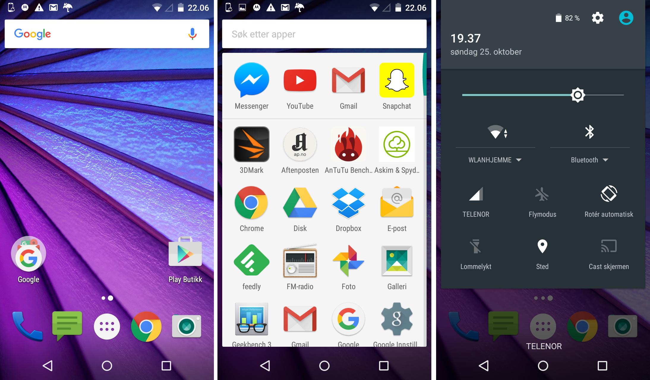 Moto G kjører ganske standard Android 5.1-grensesnitt. App-menyen viser alle appene i alfabetisk rekkefølge, med de fire mest brukte appene øverst.