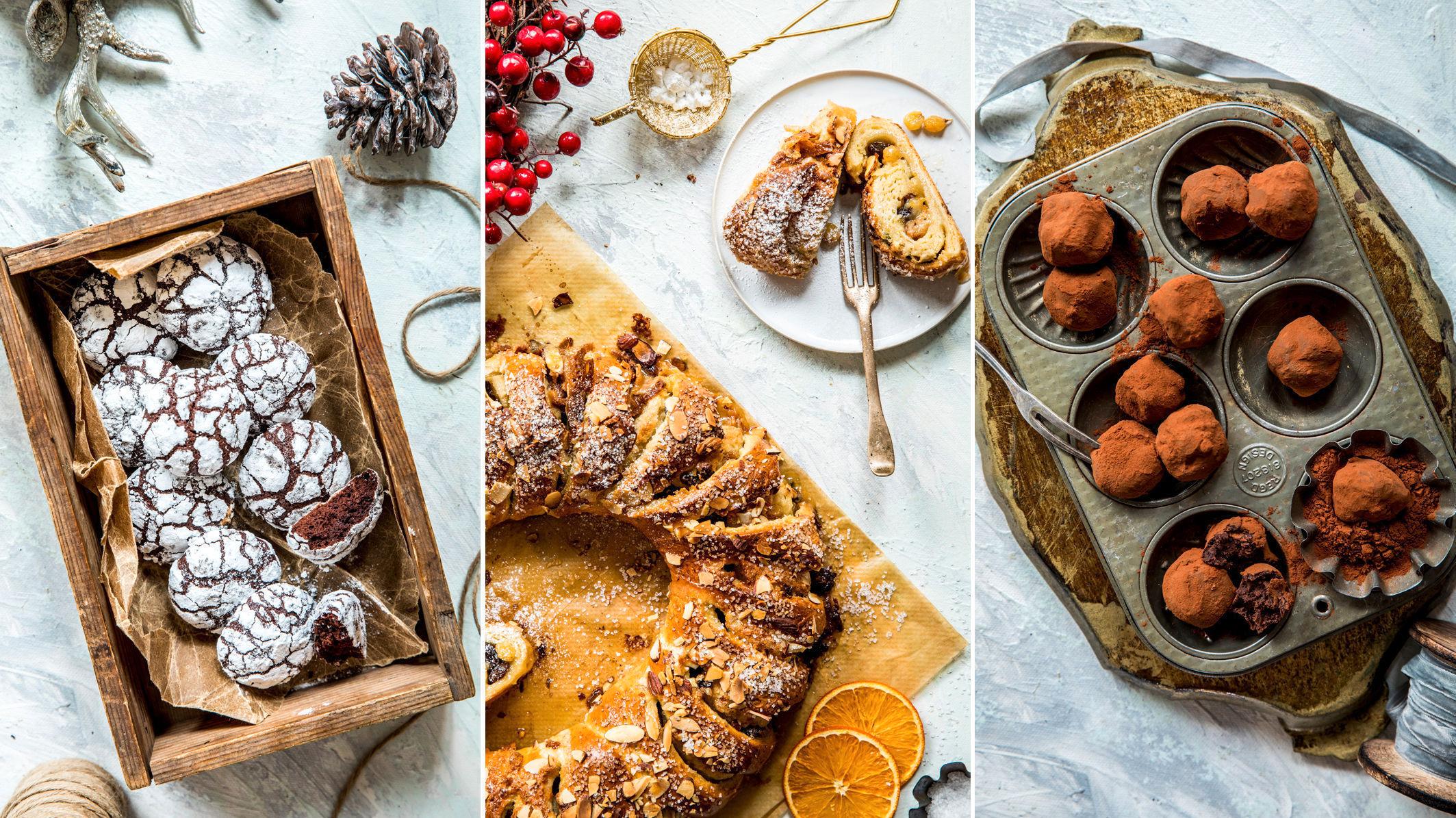 JULESNOP: Lise Finckenhagen deler fire oppskrifter på deilig julekos. På bildet ser du krakelerte sjokoladekaker, julekringle og sjokoladetrøfler med rom og rosin. Foto: Sara Johannessen/VG