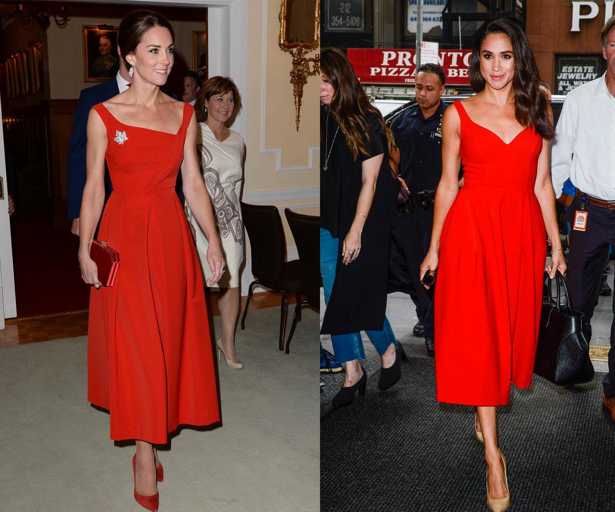 LADIES IN RED: Hertuginne Kate og Meghan Markle i rød midikjoler. Foto: Getty Images.