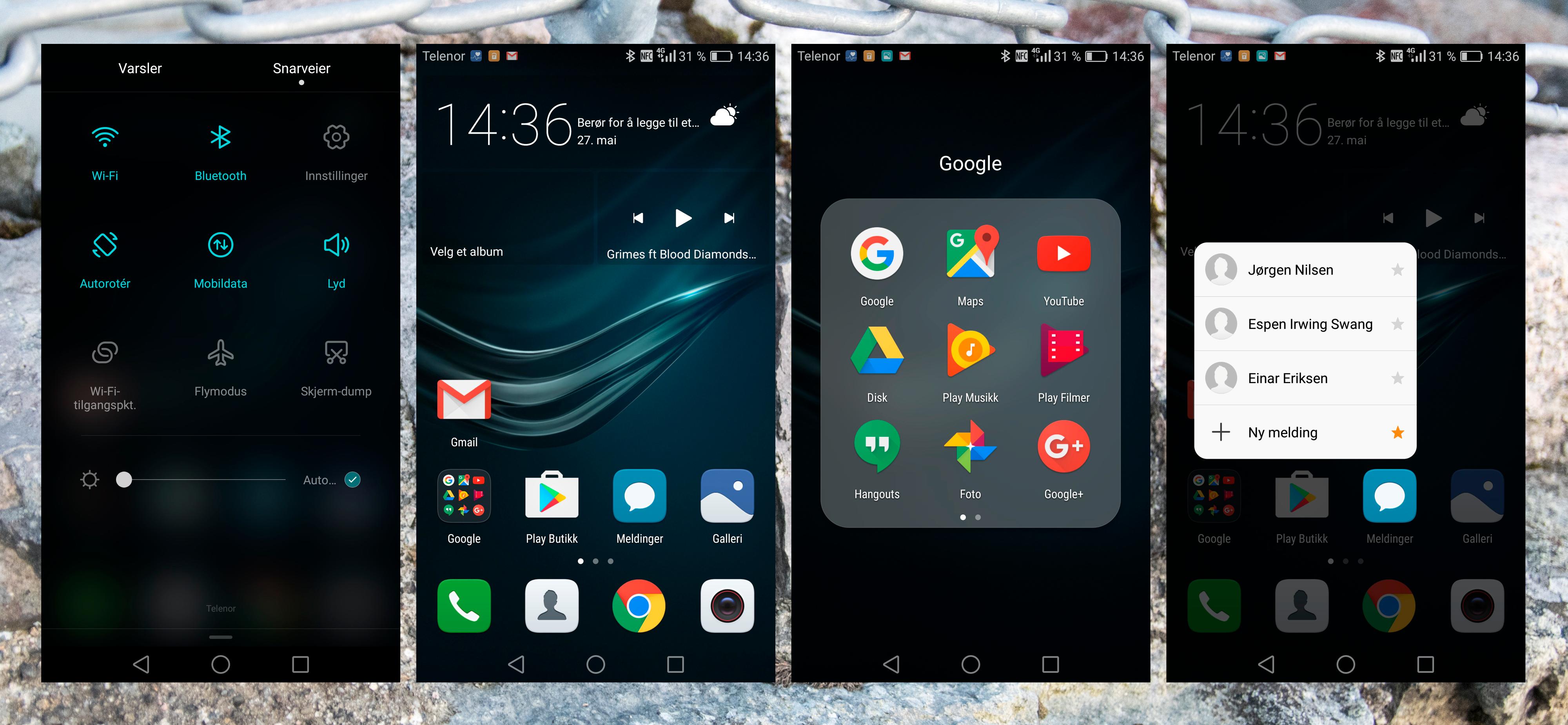 Menysystemet i Huawei P9 Plus er det produsenten selv som har laget. Det ligger oppå Android, og er fullt av nyttig funksjonalitet. En særegenhet her er at telefonen kan måle trykket du legger i berøringer, slik at enkelte funksjoner kan betjenes ekstra raskt. For eksempel oppretting av tekstmeldinger.