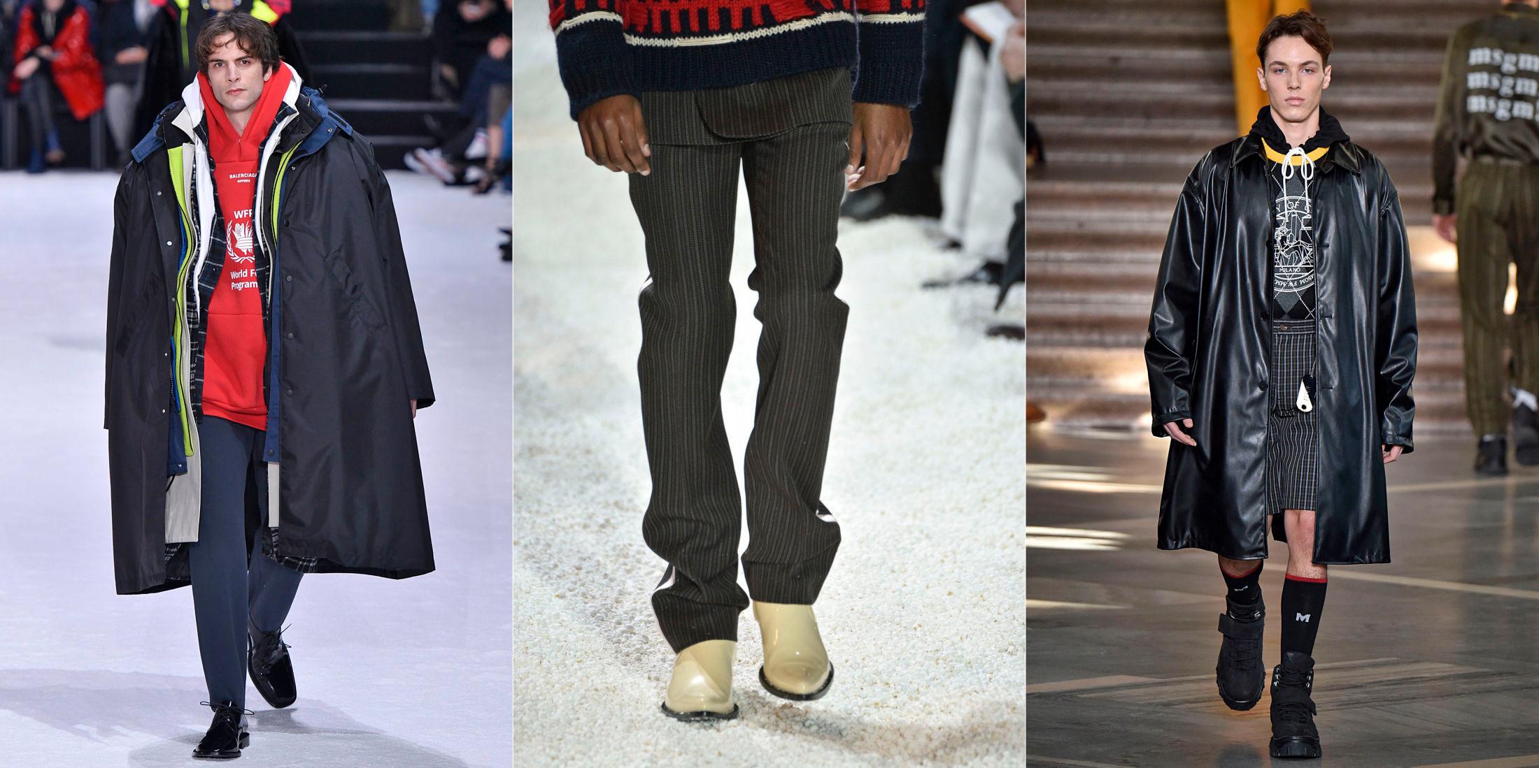 TRENDER: Teknisk yttertøy fra Balenciaga, cowboystøvler fra Calvin Klein og skinnfrakk fra MSGM. Foto: Getty Images