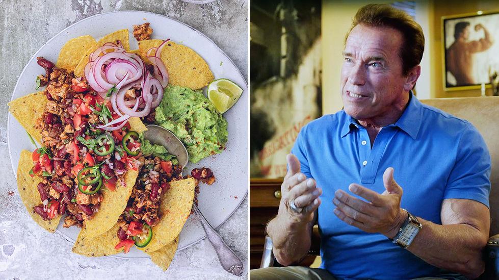 PLANTEFRELST: Arnold Schwarzenegger er en av produsentene bak filmen «The Game Changers». Han forteller i filmen at han spiser stort sett kun plantebasert mat. Til venstre en vegansk nachosrett med tofu av Lise Finckenhagen. (oppskriften på denne finner du nederst i saken). Foto: Krister Sørbø/Everett Collection