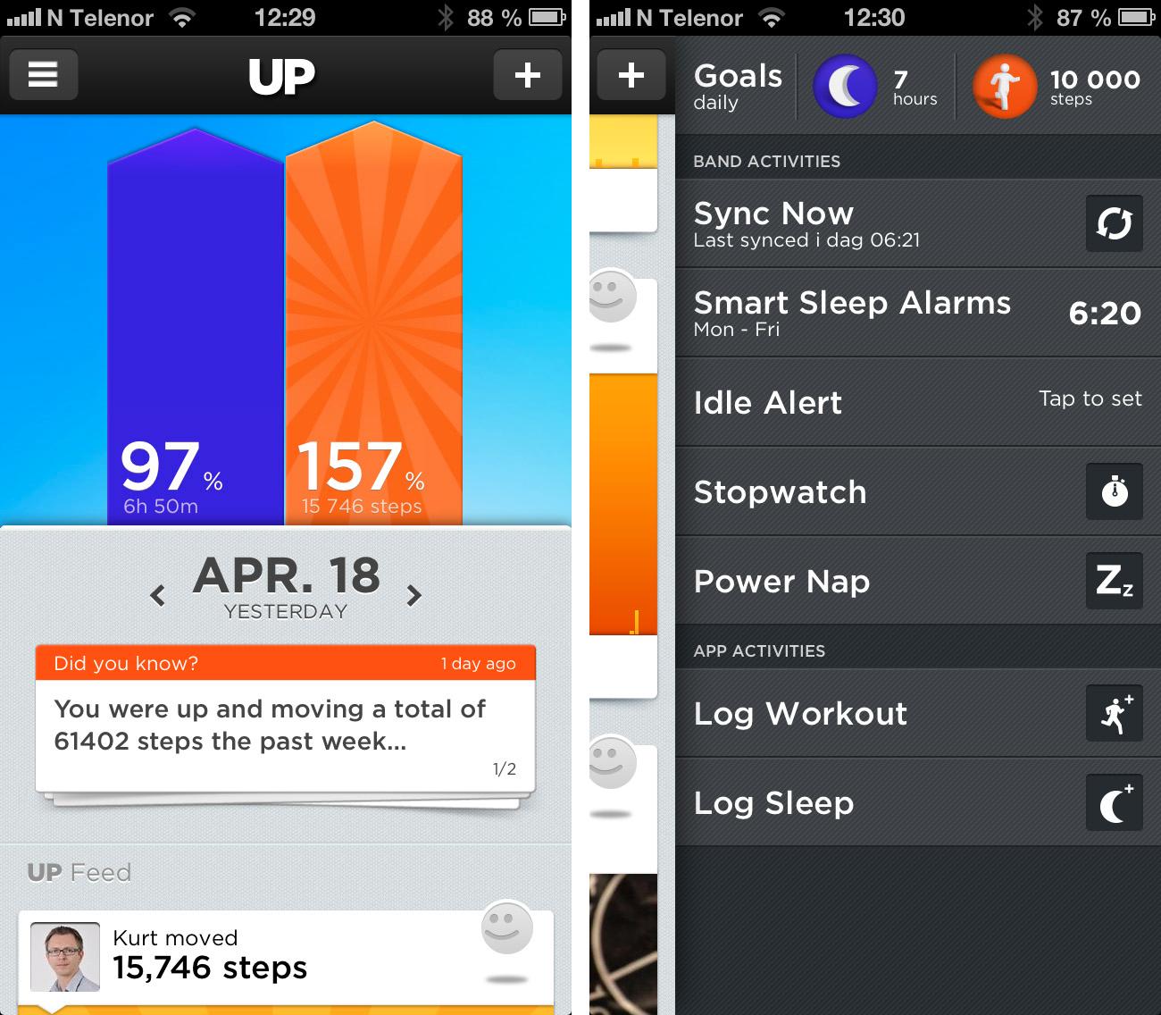 Til venstre: Du får for hver dag vite om du har nådd målene dine for hvor både søvn og aktivitet. Til høyre: Ved å sveipe fra høyre side av skjermen får du opp valg for å sette opp blant annet vekking.