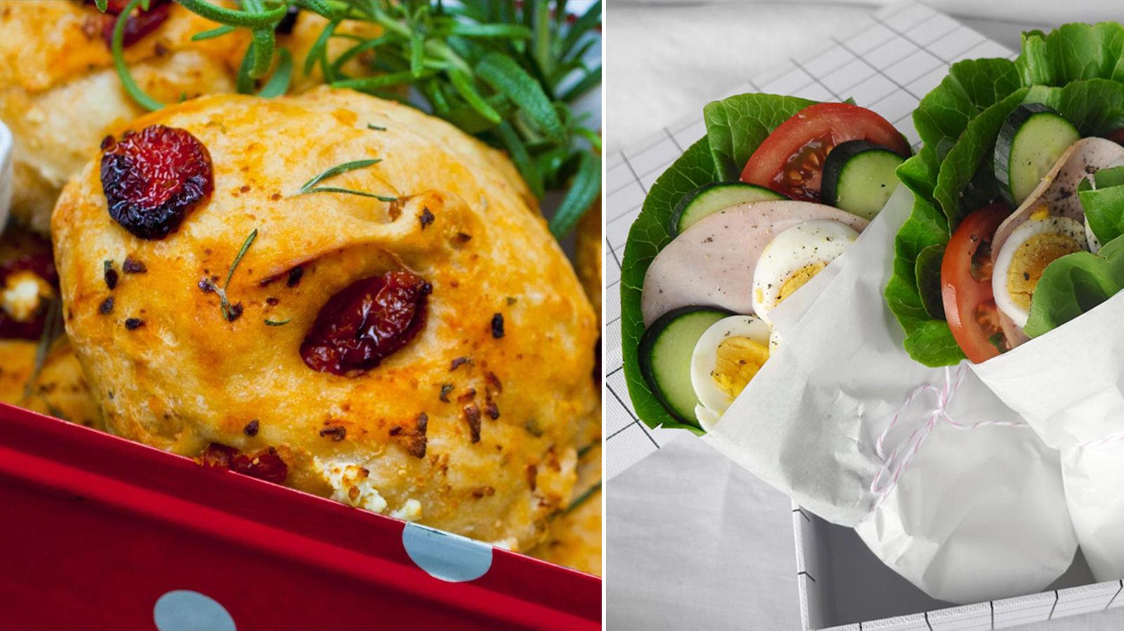ALT GÅR I BOKS: Både lunsjmuffins med tomater og fetaost og salatwraps egg og skinke er digg lunsjmat. Foto: Sara Johannessen/Julie Ilona Balas.