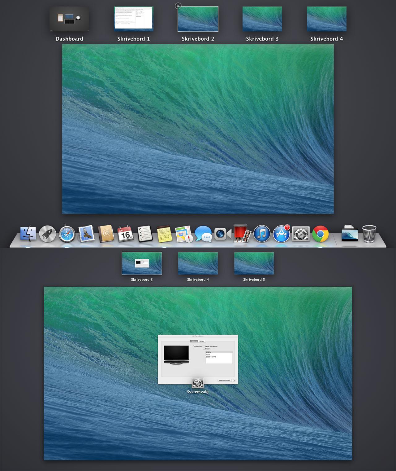 Hver skjerm får sitt sett med skrivebord. Øverst er PC-en, mens det nederste er bildet på TV-en.