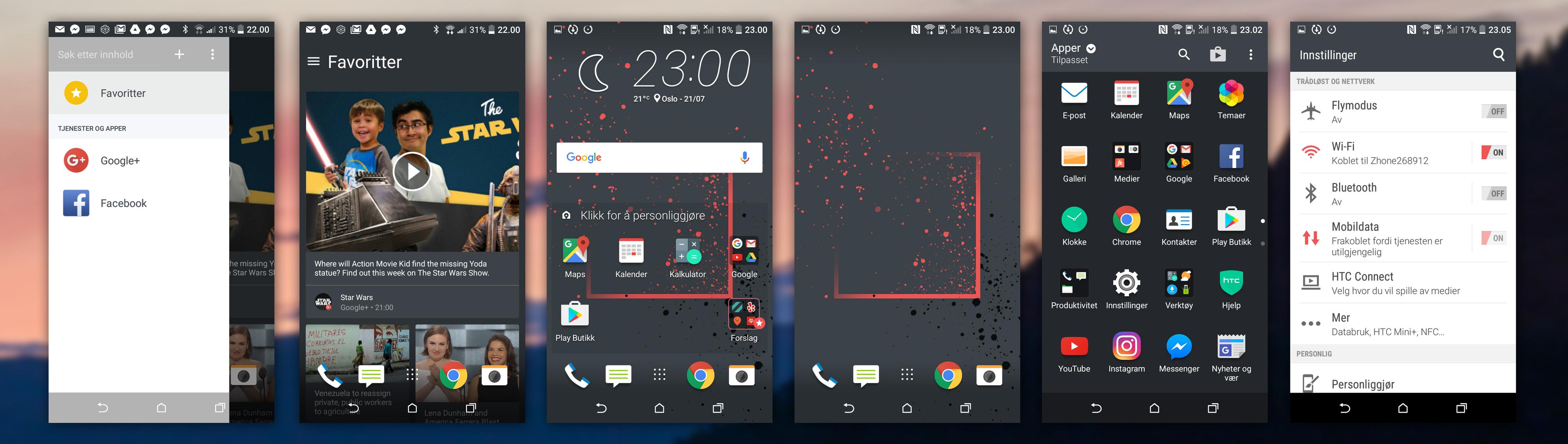 Slik ser HTC Sense-grensesnittet ut. Til venstre ser du nyhetsfeeden, til høyre innstillingene. Ved siden av sistnevnte er appmenyen.