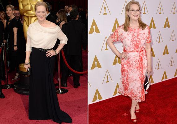 ELEGANT DAME: Meryl Streep vet å kle seg for alderen, og får ofte skryt i motepressen for sine antrekk. På bildet til venstre er hun på årets Oscar-utdeling. På bildet til høyre er den spreke 64-åringen kledd i elegant kjole på en middag i forkant av utdelingen. Foto: Afp/ NTB Scanpix