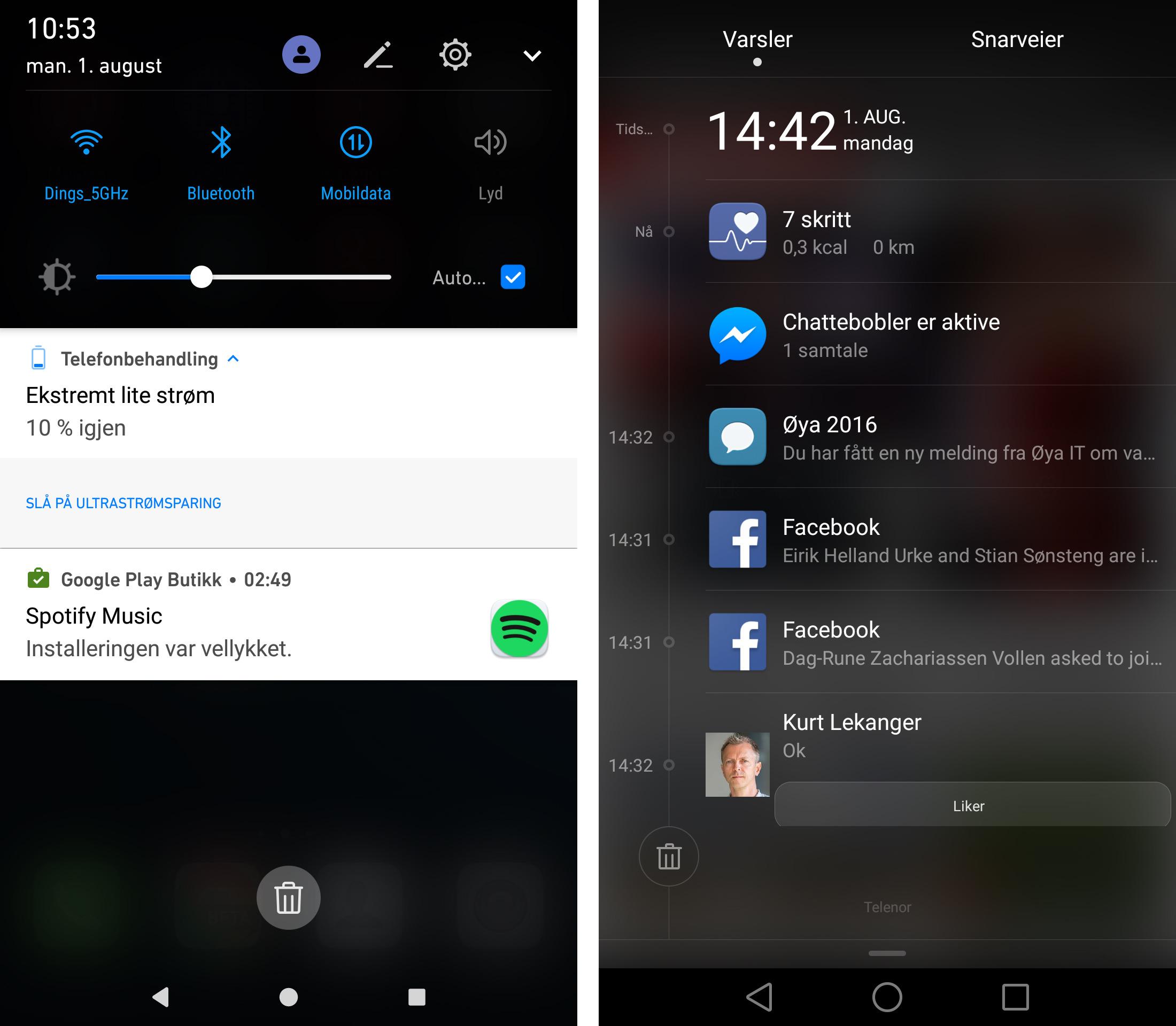 Varslingssenteret fra Huaweis Android 7-utgave til venstre, mens det til høyre er fra P9 Plus med Android 6.