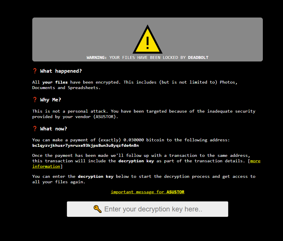 Dette er skjermen Asustor-kunder rammet av Deadbolt-viruset får servert når de forsøker å komme inn på disken. 