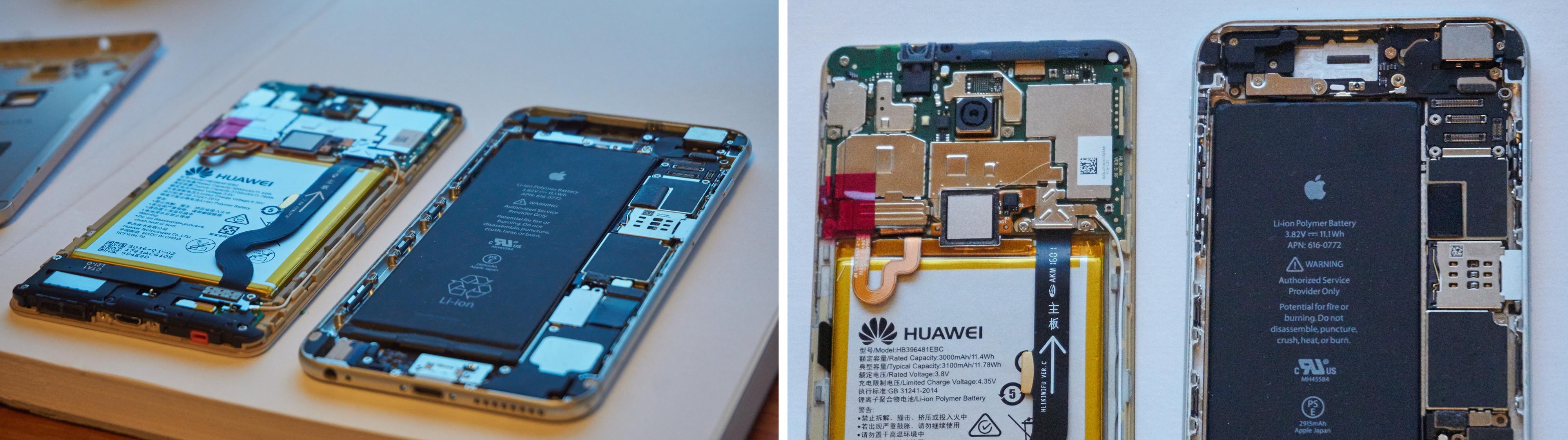 Apple har et betydelig mer stilrent design på innsiden enn Huawei, og legger også opp til at telefonene skal være enkle å reparere.