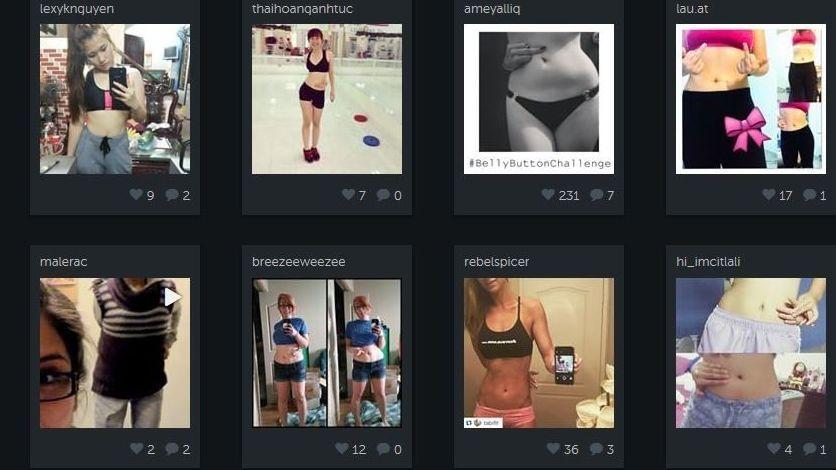 GOING VIRAL: Hashtagen #BellyButtonChallenge har over 6000 registerte bilder på Instagram, og skal være ment som en visuell test på om du har en «sunn» kroppsvekt, men kritiseres for å fremme et usunt kroppsideal. Nå slår kvinner tilbake. Foto: Skjermdump fra Iconsquare.