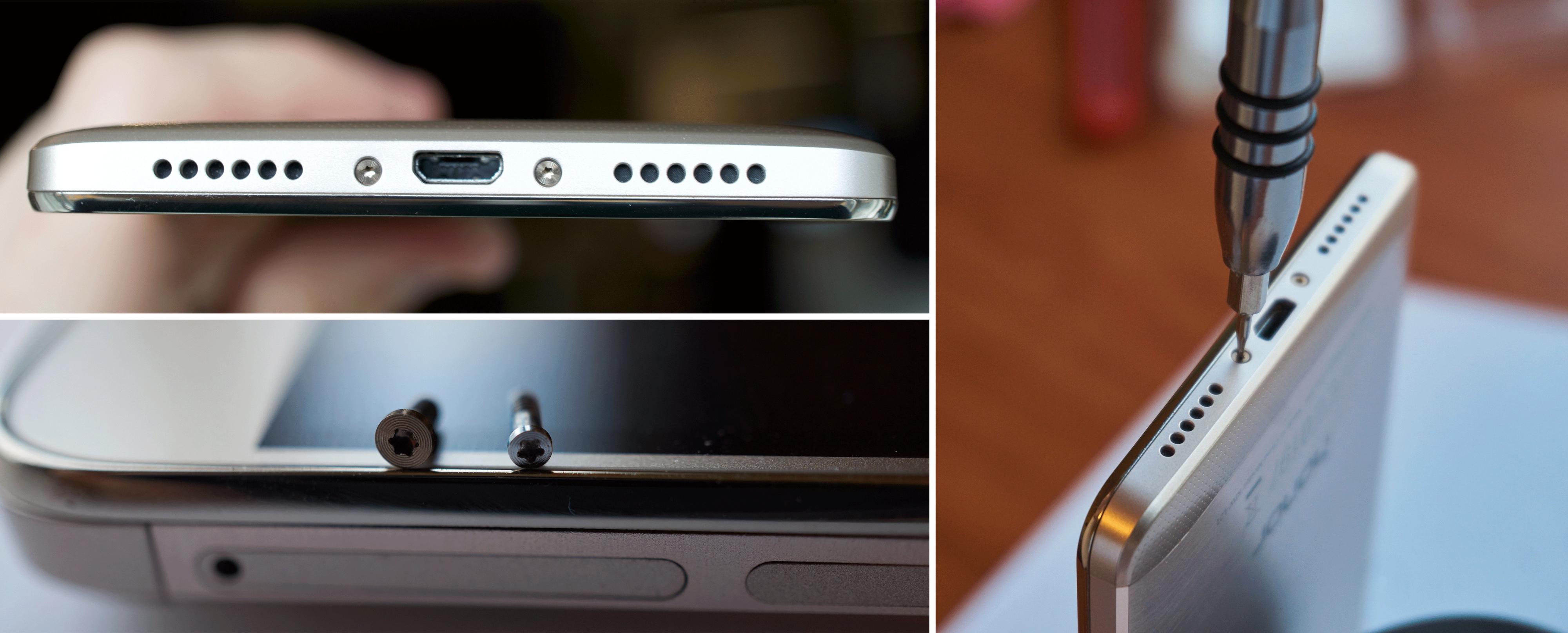 Det hjalp ikke nevneverdig å skru ut disse. I bildet nede til venstre er skruen til Huawei og skruen til Apple (høyre) sammenlignet.
