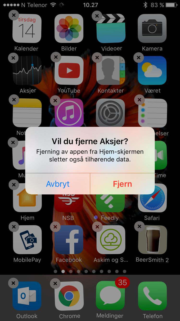 Her er det like før Aksjer-appen ryker. Merk hvordan vi nå kan fjerne nesten alle Apples egne apper fra iOS 10-hjemskjermen, som Notater, Musikk, Været, iTunes Store og Påminnelser.