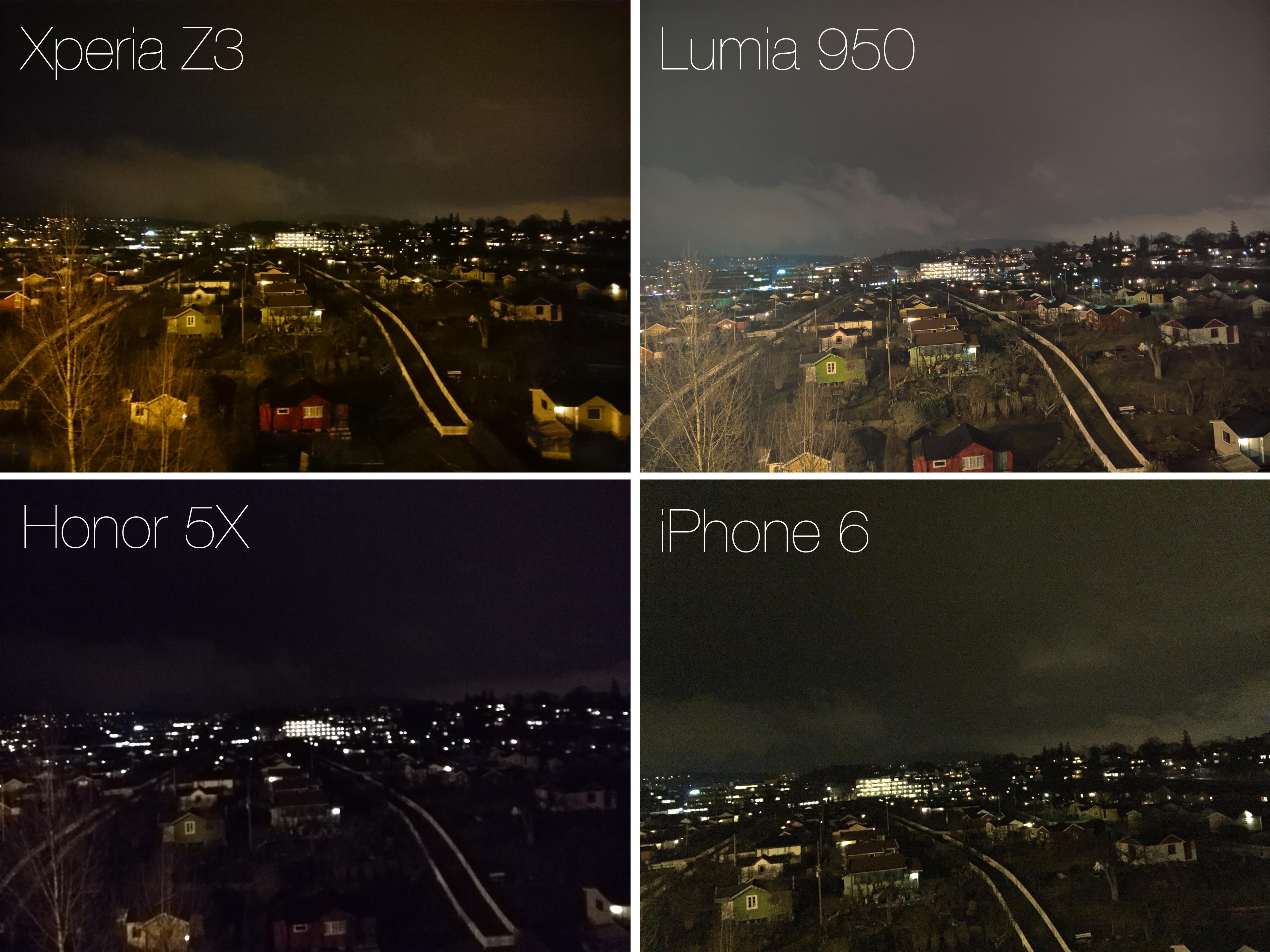 Kameraet i Honor 5X sliter når mørket faller på. Både Xperia Z3 og iPhone 6 yter bedre, mens Lumia 950 viser hvor mye man kan få ut av skikkelige manuelle instillinger.