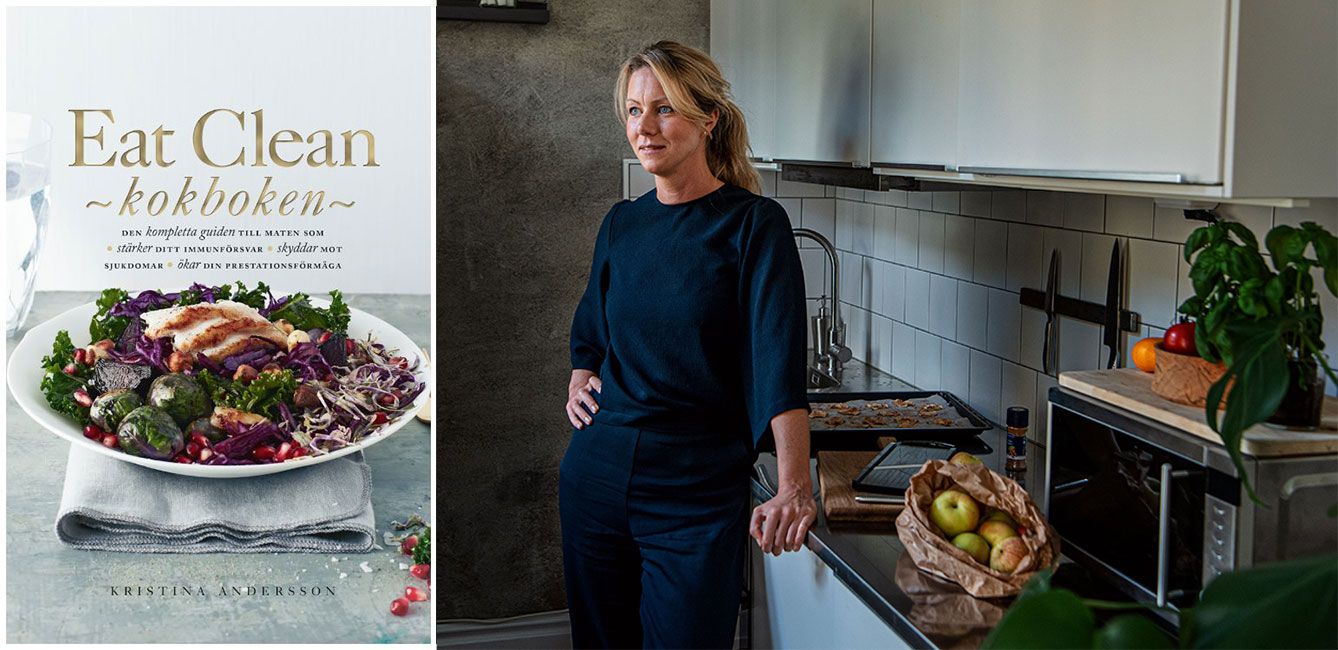 Hemma i köket i Stockholm doftar det av äpplen och kanel. I hyllan står Kristinas kokbok ”Eat clean” som ges ut av Tukan förlag.