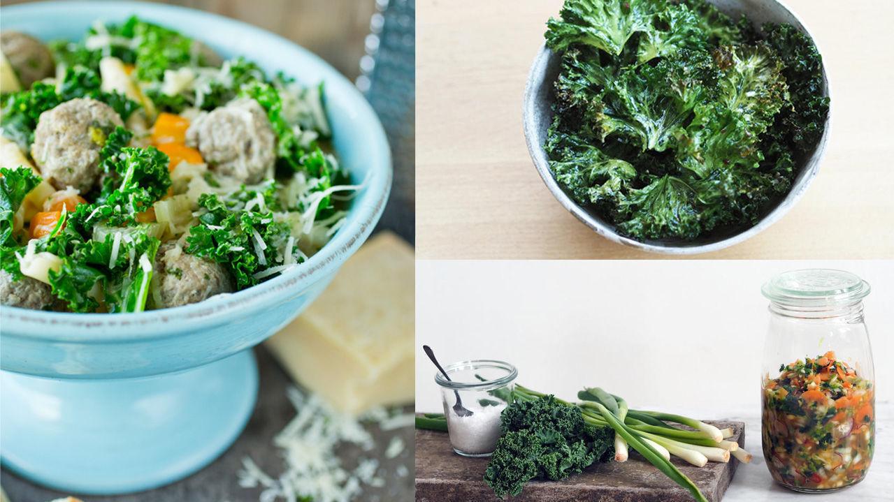 SNACKS OG MIDDAG: Grønnkål kan brukes i salat, varmebehandles eller så kan du lage crispy chips med den grønne grønnsaken.