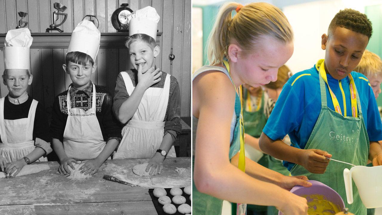 1946 OG 2016: Til venstre baker guttene ved Nesheim privatskole boller på skolekjøkkenet. Til høyre samarbeider Hilde og Mohammed om å lage hjemmelaget aioli på Geitmyra sommerskole. Foto: NTB Scanpix/Helena Krekling