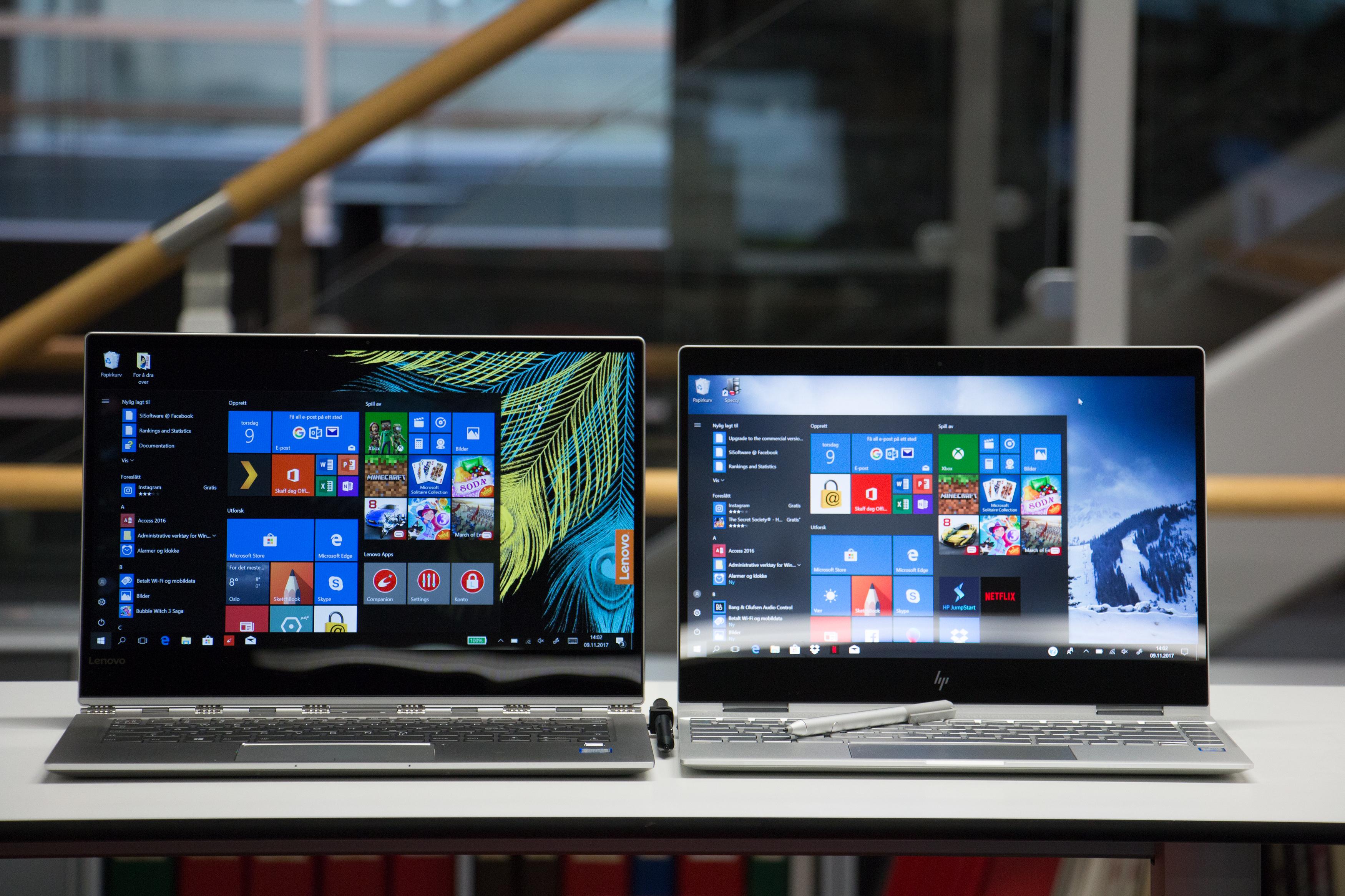 Yoga 920 (til venstre) har en hakket større skjerm enn Spectre x360, som på sin side er lettere og mer kompakt.