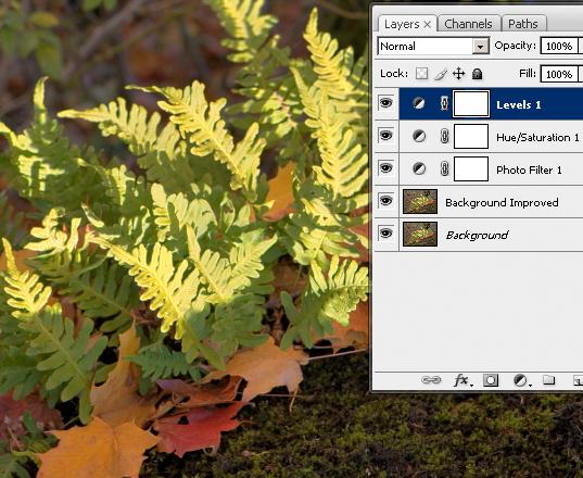 Eksempel på post-HDR-justeringer ved hjelp av Photoshop-verktøy som Levels, Hue/Saturation og Photo Filter.
