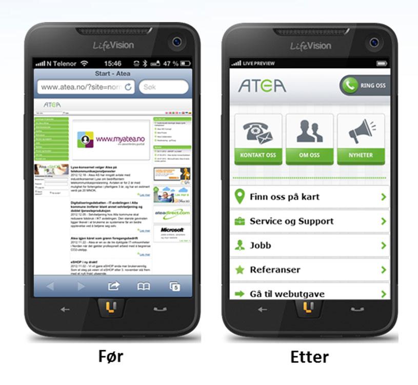 Ateas sider på mobil, før og etter tilpasning.Foto: LifeVision