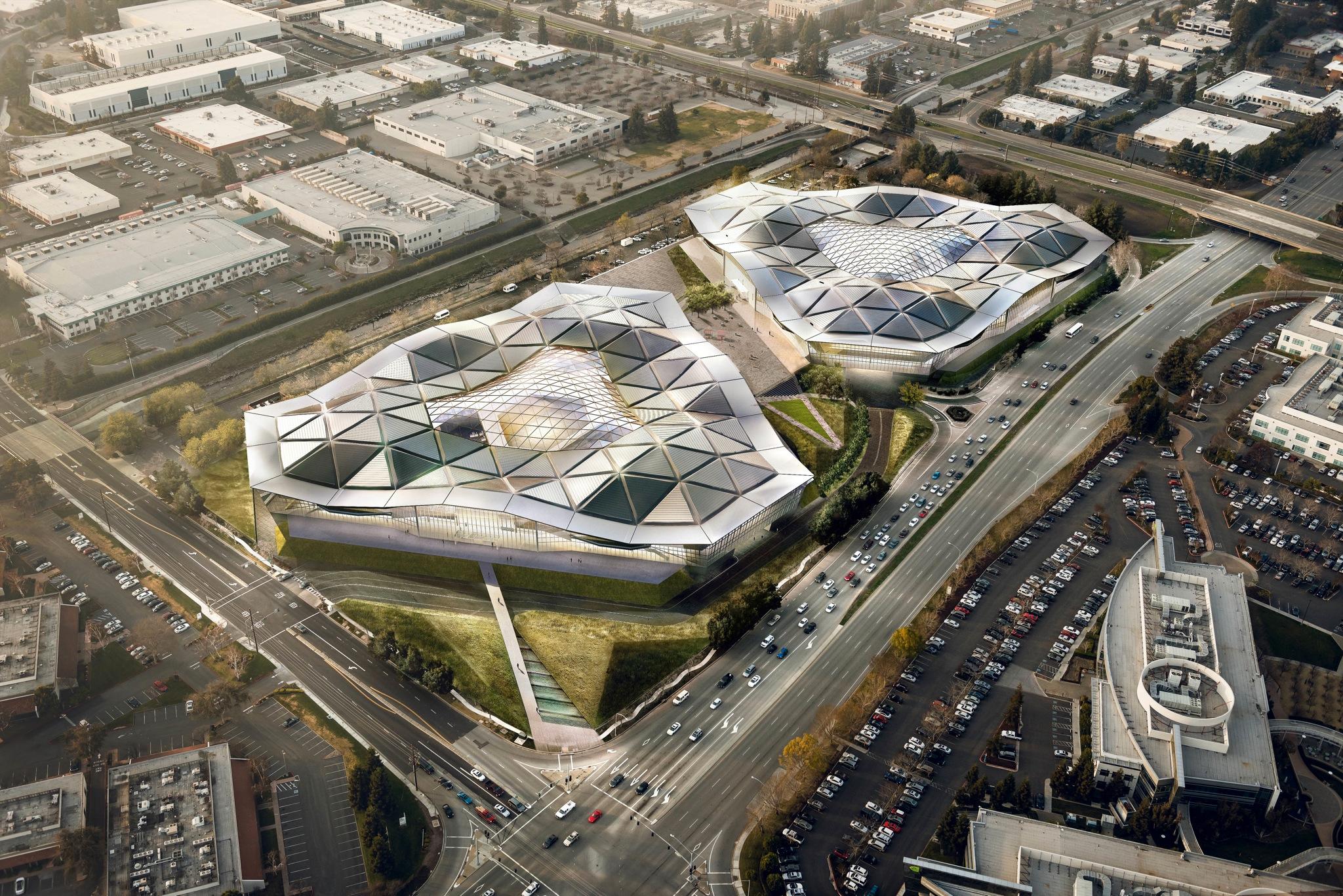 Nvidias nye hovedkontor i Silicon Valley. De gamle kan skimtes nede til høyre.Foto: Nvidia