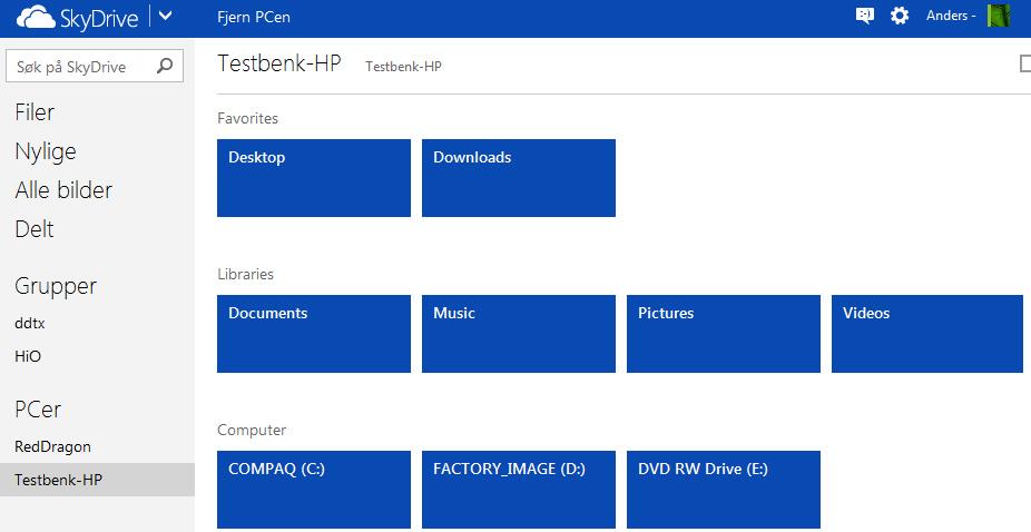 Du kan hente filer fra alle maskinene su har installert SkyDrive på via nettleseren din.