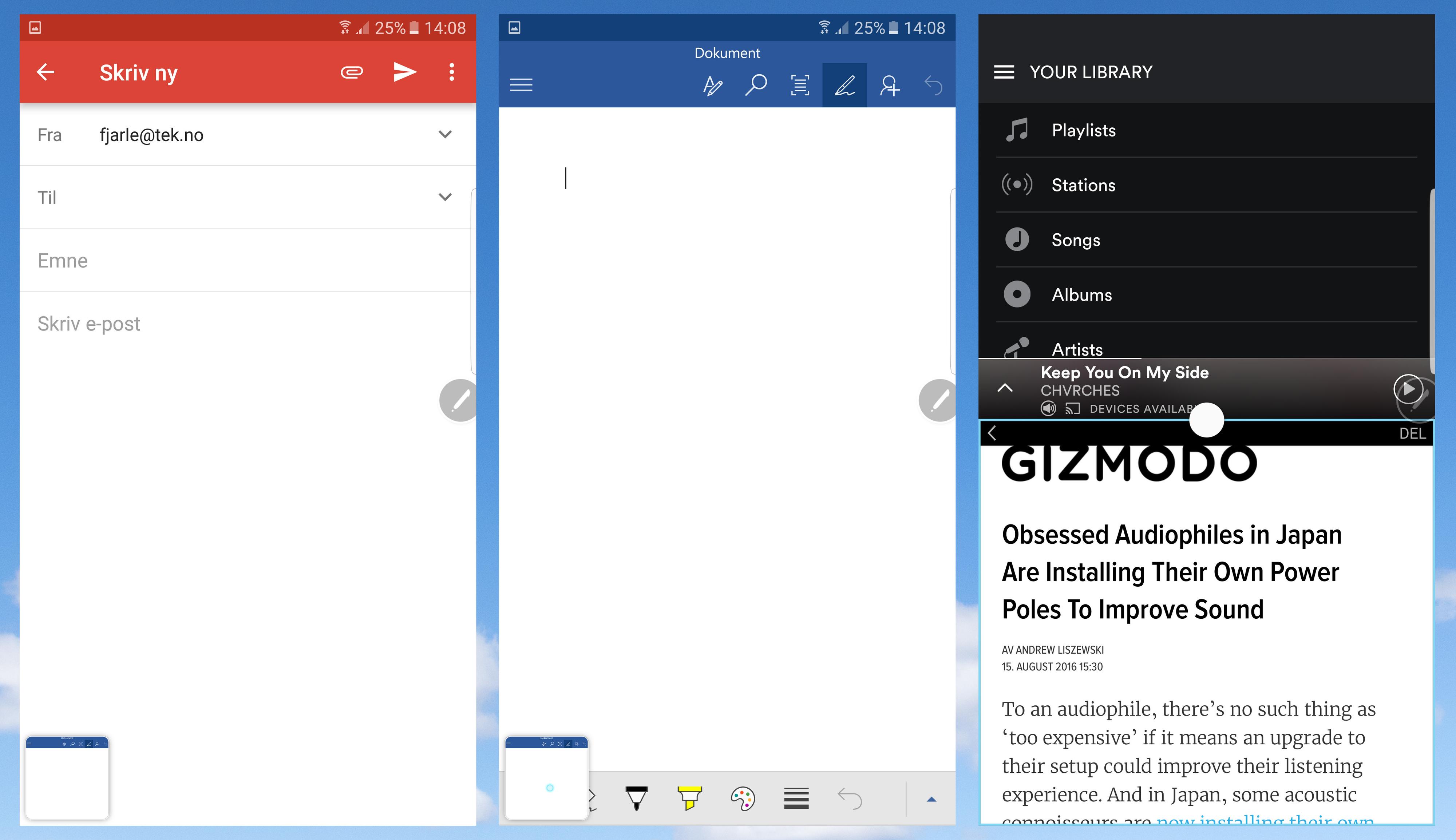 Det finnes flere måter å multitaske på med Galaxy Note 7. En svært praktisk løsning går ut på at appen du har fremme trekker seg tilbake til et hjørne - helt til du holder pennen over. Ellers kan du naturligvis veksle mellom apper på vanlig måte, eller la to dele skjerm samtidig.