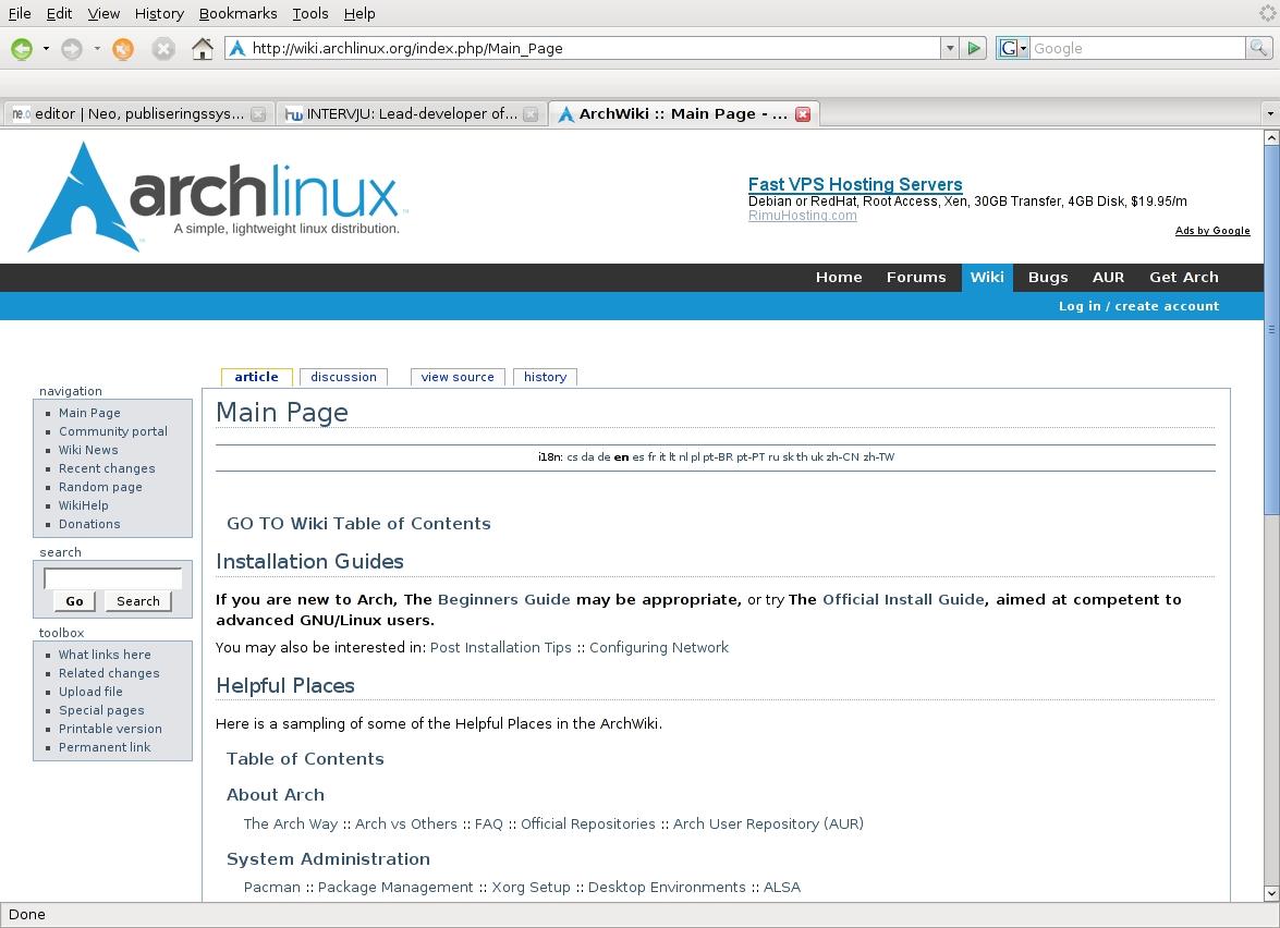Arch sin egen wiki er et flott sted å lære om Arch Linux!
Trykk på bildet for å besøke Arch Wiki