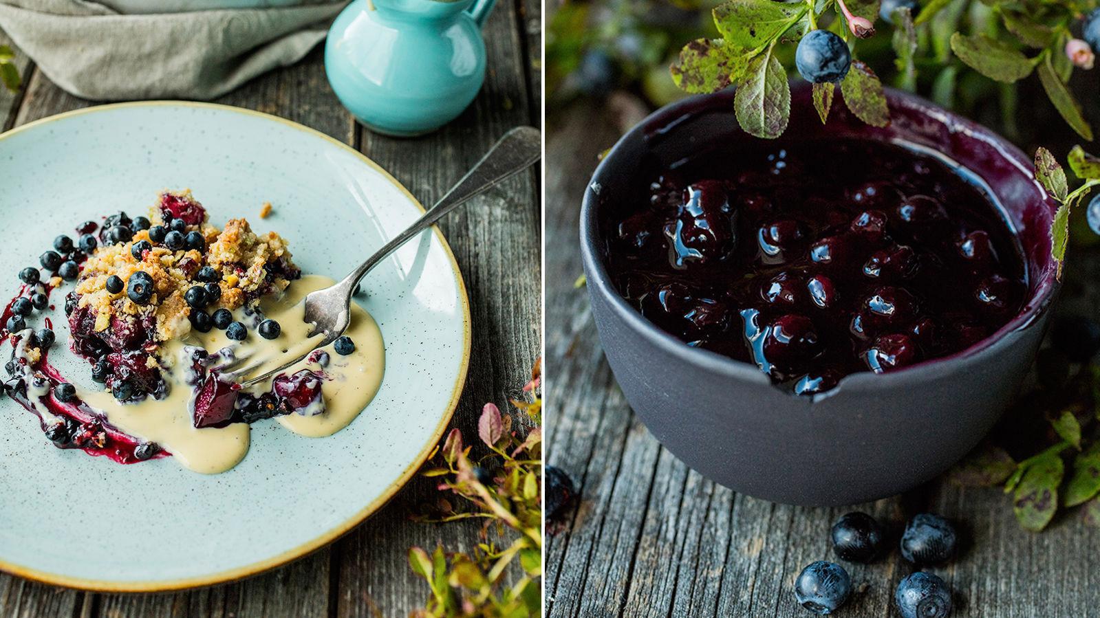 BARE BLÅBÆR: Eller blåbær og vanilje og masse gode nøtter - høstens beste bær er like gode rett fra lyngen som i en deilig, lun smuldrepai. Foto: Sara Johannessen/VG.