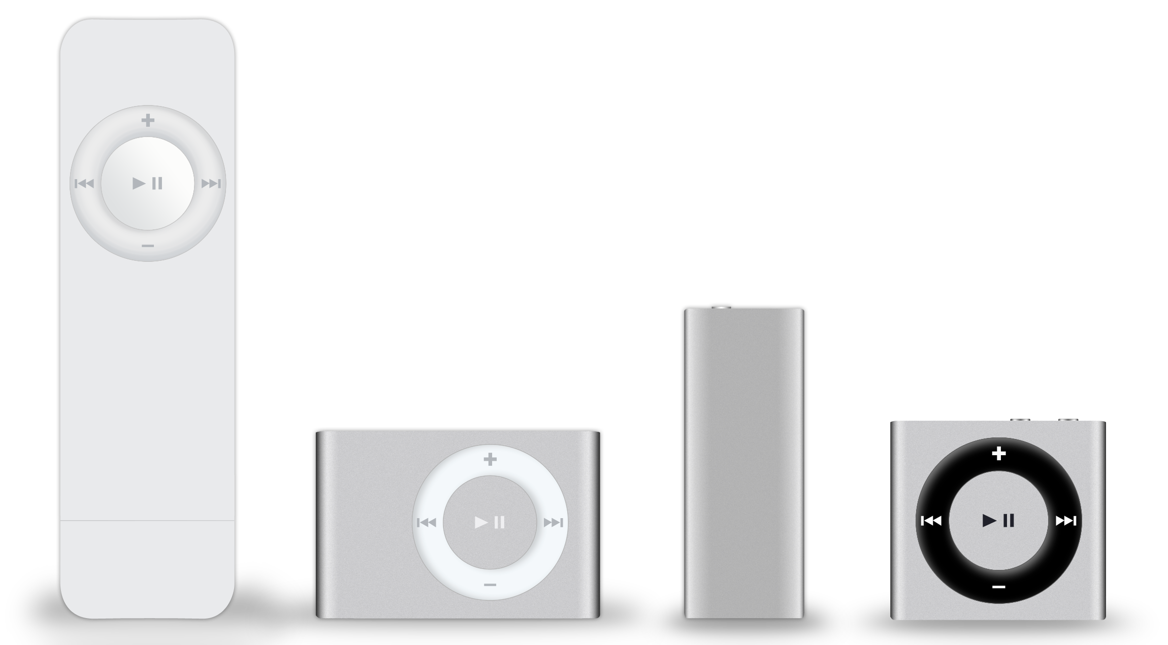 De fire forskjellige generasjonene av iPod Shuffle. 