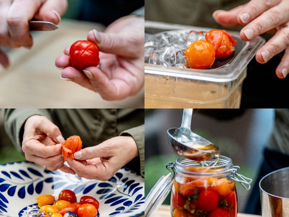 Skala tomater genom att skära ett kryss, koka dem en minut och sedan flytta över dem till isbad. Då är det lätt att få bort skalet.