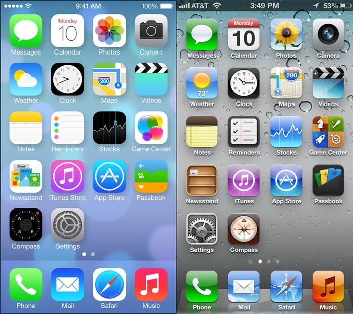 Her er de to siste versjonene Apples operativsystem for mobiler, iOS, stilt opp mot hverandre. iOS 6 til høyre, iOS 7 til venstre.Foto: Apple/kollasje