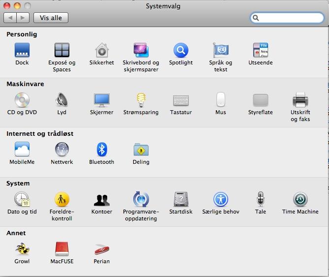 Mac OS X sitt kontrollpanel