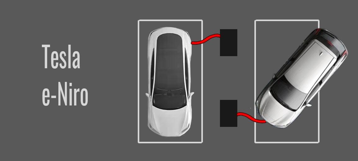 Biler med ladeporten foran vil antageligvis ikke kunne bruke parallell-laderne til Tesla uten at de bygges om med lengre kabler. 